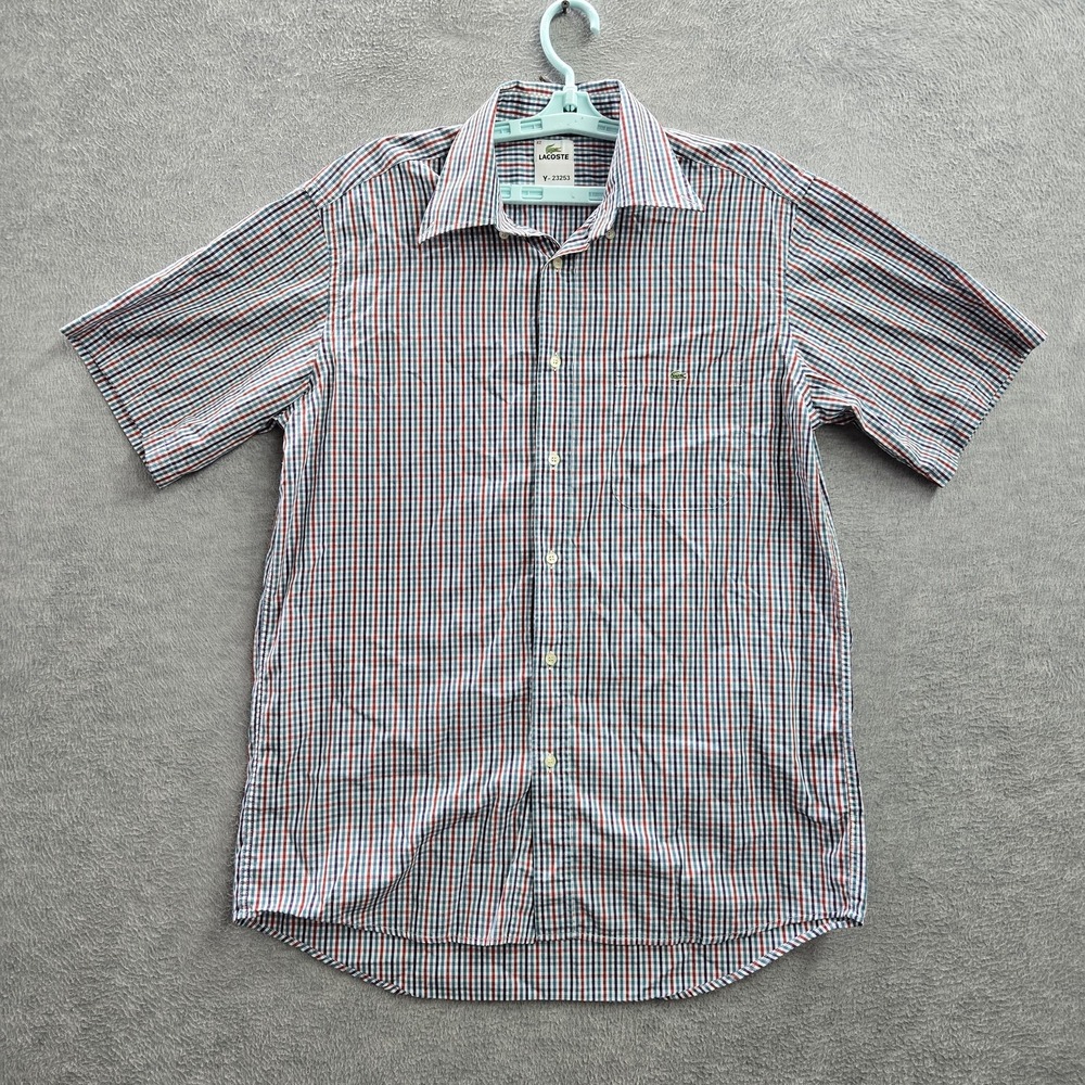 Lacoste Men Button Up Shirt 42 Blue Crocodile Logo Embroidery Check